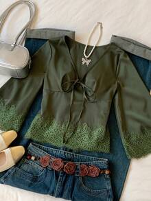 Comfortcana Elegant Army Green Women's V-Neck Bow Tie Waist Flare Sleeve Lace Patchwork Shirt,Autumn Tea Party Casual Satin Y2K Christmas New Year Winter Clothes - Green - View 1