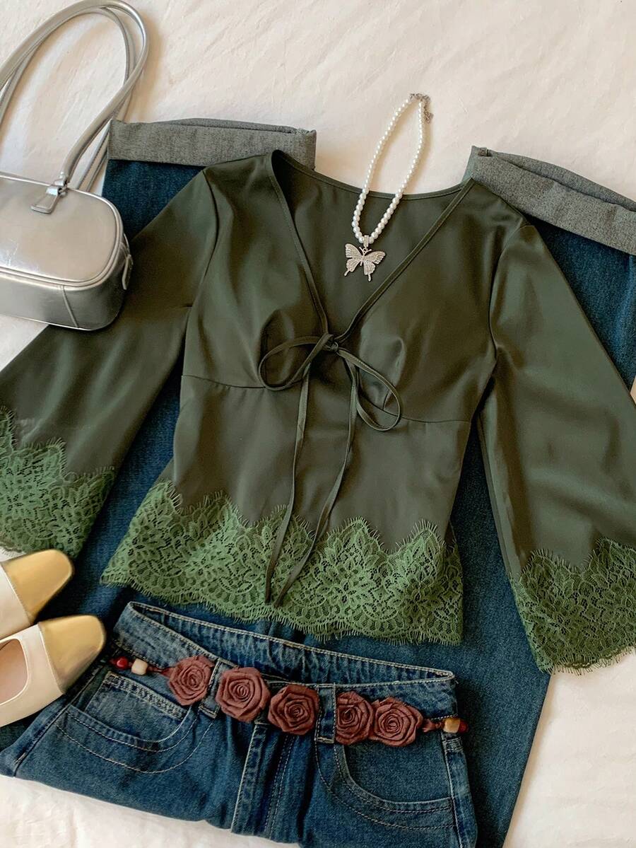 Comfortcana Elegant Army Green Women's V-Neck Bow Tie Waist Flare Sleeve Lace Patchwork Shirt,Autumn Tea Party Casual Satin Y2K Christmas New Year Winter Clothes - Green - View 1