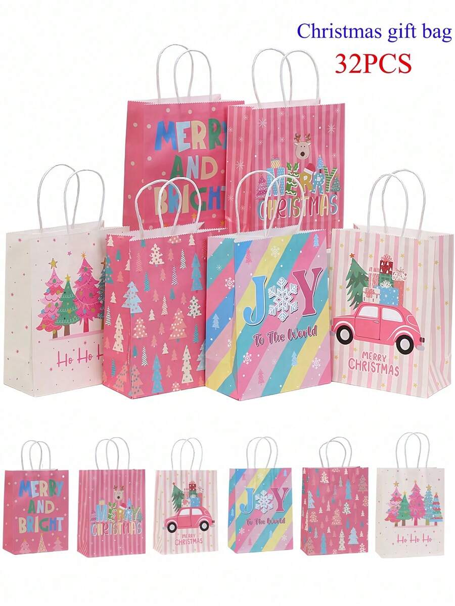 32个粉色圣诞节牛皮纸袋，圣诞礼品袋 - 带提手的牛皮纸袋，彩色圣诞树和驯鹿图案，适用于节日礼物、派对小礼品和礼品包装，圣诞礼品包装袋 - 彩色 - 查看 1