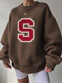 INAWLY Women's Letter Print Round Neck Drop Shoulder Long Sleeve Casual Loose Sweatshirt - Coffee Brown - View 3