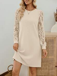 EMERY ROSE 女士圆领撞色蕾丝宽松休闲长袖连衣裙 - 杏色 - 查看 6