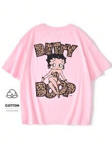 Betty Boop x SHEIN Women's Leopard Print And Cartoon Figure Graphic Round Neck Short Sleeve T-Shirt - Pink - View 8