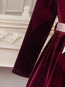 Vestido lindo con mangas abullonadas, dobladillo con volantes de encaje en contraste para niña - Burdeos - Ver 7