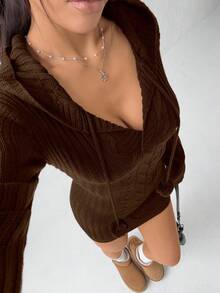 Jeanoix Vestido de sudadera con capucha Jeanoir, falda de punto casual para damas - Marrón - Ver 4