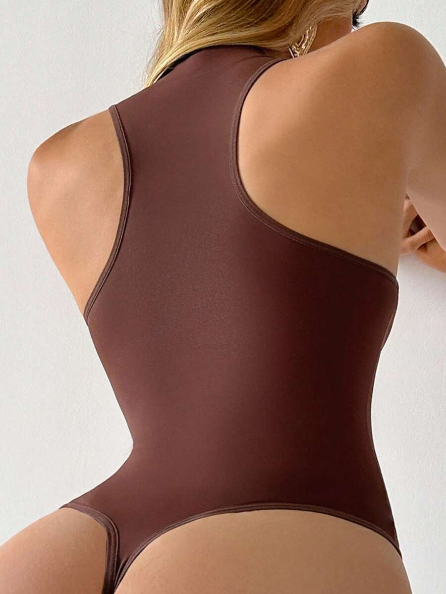 SuitURBody 女式纯色立领休闲紧身衣 - 棕色 - 查看 1