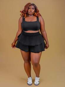 CurvyTilda Chân váy denim mini cỡ lớn có nơ trang trí, màu xanh - màu đen - Xem 7