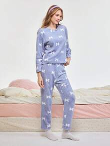 Bonmuse 2件套女款加厚蓬鬆睡衣套裝，簡約時尚蝴蝶結裝飾家居服，長袖上衣與長褲，秋冬款，秋季服飾 - 藍色 - 查看 6