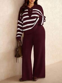 Elaquor 大码条纹印花长袖上衣和纯色长裤毛衣套装 - 酒紅色 - 查看 5