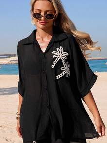 Swim Vcay Spring/Summer Elegant New Arrival 1 Piece Woven Solid Color Coconut Tree Patterned Decorative Short Sleeve Resort-Style Women Swimwear Kimono - Black - View 8