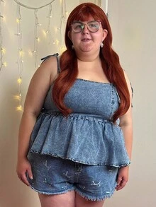 Enliva Abidrinkell Plus Size Blue Denim Cami Top Casual And Ruffles Sweet Summer Cami Top, For Apple Rounded Body Shape - Medium Wash - View 7