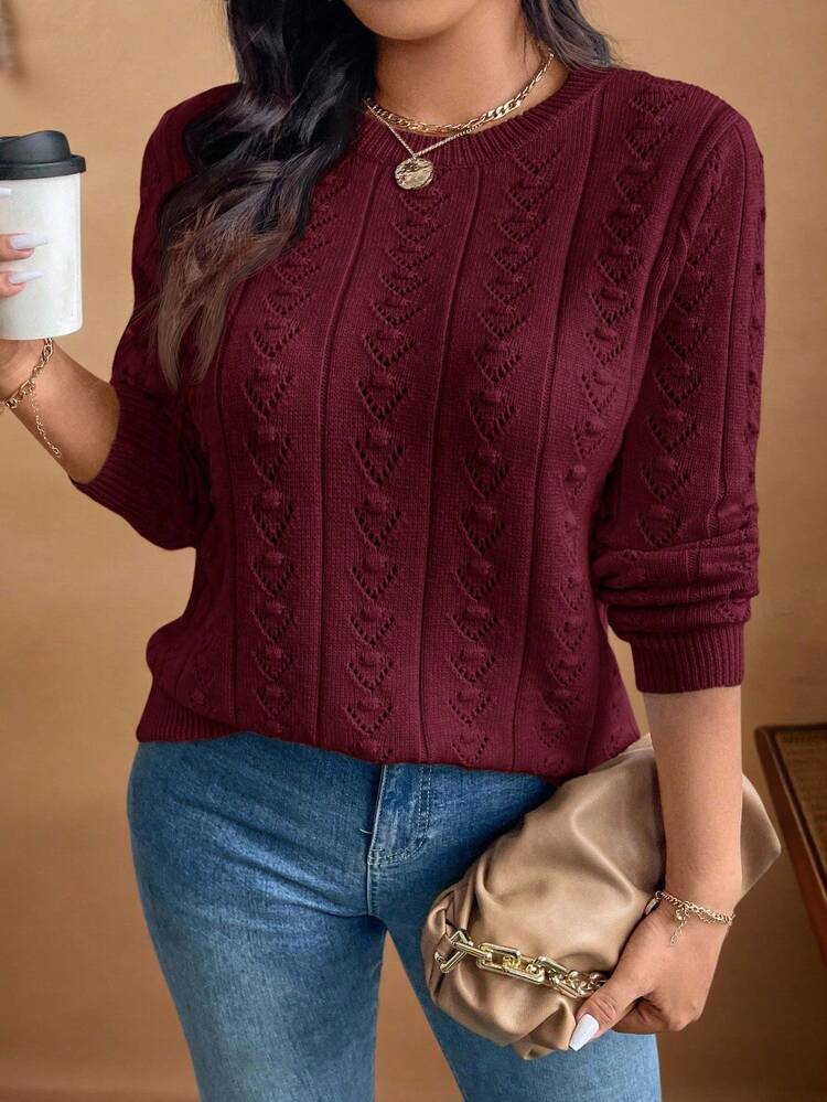 Plus Size Winter Casual Elegant Knitted Floral Pattern Fitted Round-Neck Sweater Pullover, Suitable As A Base Layer Or Outerwear For Work, Shopping, Vacation, Parties, Music Festivals, Home Wear, Back-To-School Events, And As A Gift.