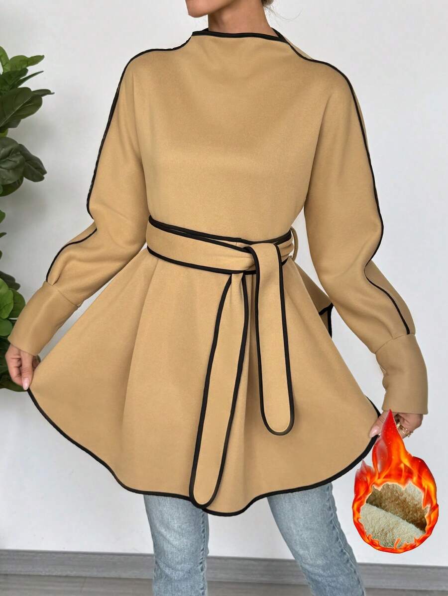 EMERY ROSE Camicia elegante oversize con colletto a contrasto di colore unito - Cachi - Visualizzare 1