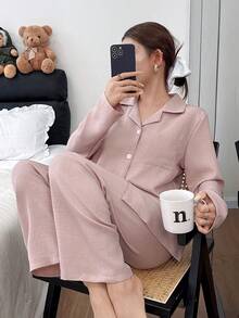Dream Adore Women's Pink Plain Pajama Set Long Regular Sleeves Lapel Neck Casual Woven Fabric With Pockets Long Pant Sleepwear