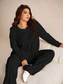 Elaquor Plus Size Casual Solid Color Long Sleeve Top And Pants 2 Pieces Set, Autumn - Black - View 6