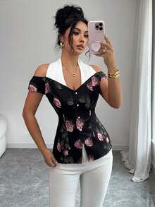 SHEIN Elenzya Spring/Summer New Elegant Women Blouse,Floral Patchwork Design,Suitable For Outing,,Party,Daily Wear,Valentine's Day,Pink And Black Blouse - Multicolor - View 7