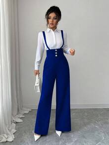 Elenzga Quần ống đứng thanh lịch lãng mạn dành cho nữ có dây đeo ở eo và nút cài trang trí - Xanh đậm - Xem 6