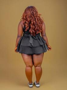 CurvyTilda Chân váy denim mini cỡ lớn có nơ trang trí, màu xanh - màu đen - Xem 5