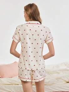Bonmuse Cherry Printed Sweet Sleepwear Set With Lapel Button Up Top And Bowknot Shorts For Womenfor Summer - Apricot - View 2