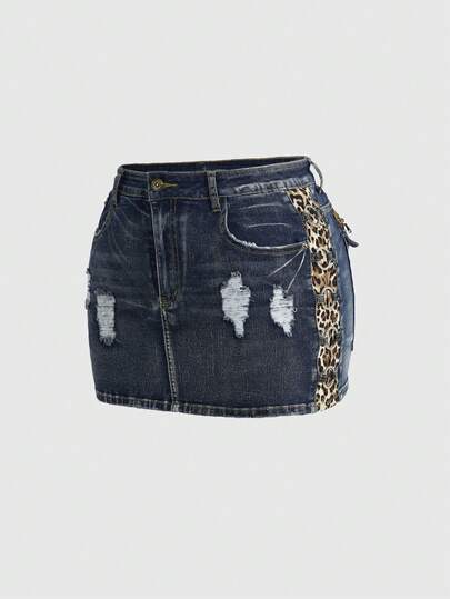 J-Fashion Minigonna di jeans aderente con stampa leopardata e tasche, taglie comode