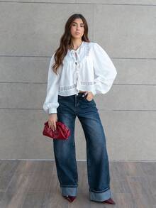 Hitanina 女式西部波西米亚纯色撞色蕾丝前系带长袖休闲衬衫 - 白色 - 查看 6