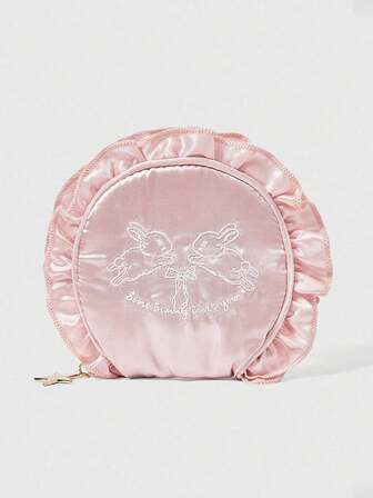 Kawaii 1 pieza Monedero con volantes y concha bordada con conejo, estuche de viaje para maquillaje y joyas con decoración colgante de perlas