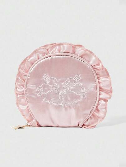 Kawaii 1pc Rabbit Embroidery Shell Ruffle Coin Purse, Travel Makeup Jewelry Pouch Gift With Pearl Hanging Decor