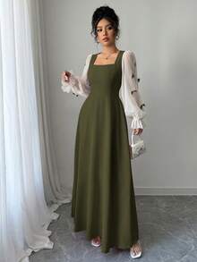 Modelyn Robe patchwork tissée pour femmes avec décoration de nœud et ceinture à la taille - Militaire verte - Voir 5