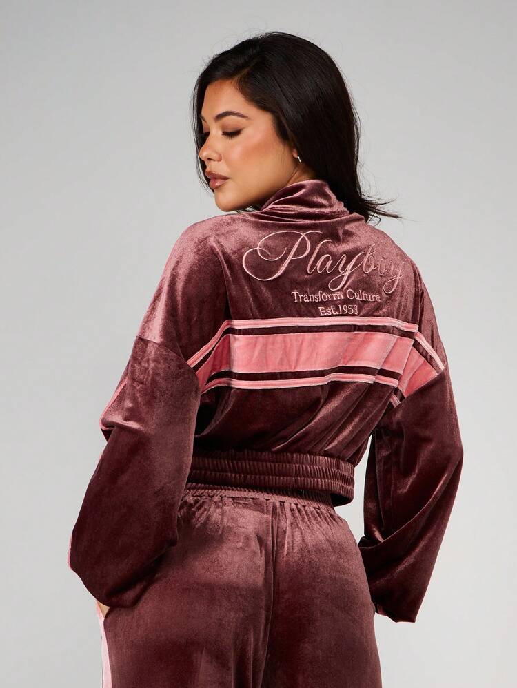 Missguided x Playboy Burgundy Velour Full Zip Hoodie With Bunny Logo And Contrast Pink Striped Detailing Long Sleeve Track Top Fall Winter Streetwear