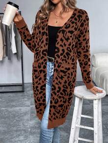 EMERY ROSE Leopard Print Long Sleeve Loose Fashionable Versatile Long Cardigan Sweater - Ginger - View 4