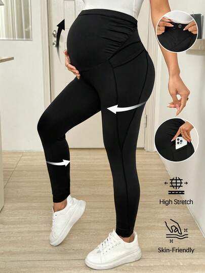 SHEIN Leggings casuales de maternidad de unicolor con cintura ajustable