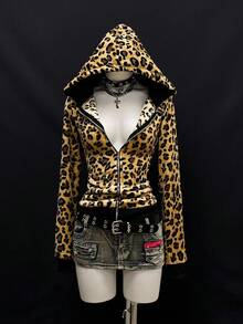 SHEIN Unity 女士棕色豹纹毛绒帽拼接街头风 Y2K 坏女孩 2000 年代风格朋克摇滚长袖卫衣 - 彩色 - 查看 3