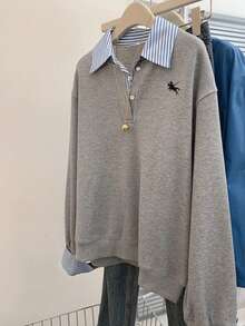 INAWLY Sudadera de manga larga con estampado de rayas y cuello de camisa, de corte holgado y casual, con diseño de 2 en 1 para uso diario - Gris - Ver 3