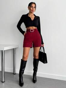 EURMUSE Women Elegant Solid Color Short With Belt Details - Burgundy - View 3