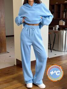 Muchica 2pcs/Set Light Blue Casual Thermal Lined Hooded Sweatshirt And Pants Set For Women, Autumn Winter