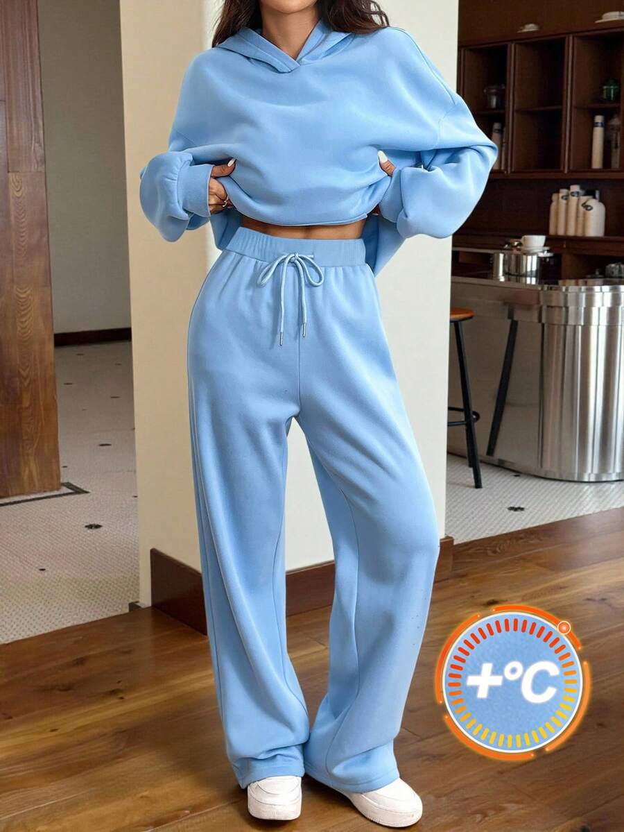Muchica 2pcs/Set Light Blue Casual Thermal Lined Hooded Sweatshirt And Pants Set For Women, Autumn Winter