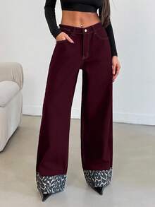 EURMUSE HIGH RISE WIDELEG JEAN WITH LEOPARD PETITE - Burgundy - View 4