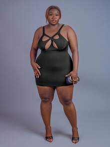 CurvyTilda 加大码女式性感镂空领口紧身迷你连衣裙，适合日常穿着、节日、约会之夜、生日、单身派对、婚礼、优雅、休闲、购物、街头服饰、外出、风骚、易于搭配且看起来苗条，凸显您的身材，修饰身材 - 黑色 - 查看 4