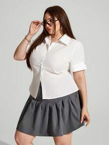 Enliva 大码纯色短袖休闲修身衬衫，适合日常穿着，夏季 - 白色 - 查看 4