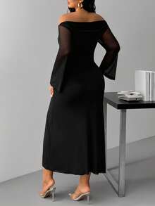Hourglow Plus Size Women's Elegant Sexy Solid Color Off Shoulder Flare Sleeve High Slit Fitted Dress, Spring/Autumn/Autumn /Winter - Lime Green - View 5