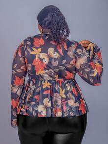 CurvyTilda 大码枫叶印花前系带喇叭袖透明网眼衬衫 - 彩色 - 查看 5
