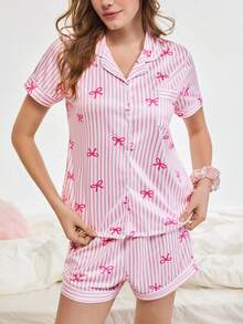 Bonmuse Stripe & Bow Print Women Short Sleeve Shorts Pajama Set