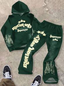 SHEIN Teen Boy Casual Minimalist Autumn New Y2K Hiphop Style Star, Flame, Cool English Letter Graphic Hoodie & Flare Pants Set - Multicolor - View 2
