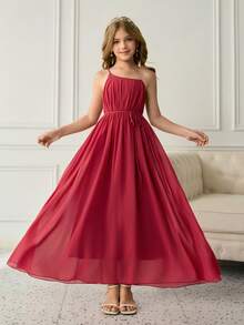 Tween Girls Elegant Burgundy Summer Wedding Formal Flower Girl Dress,Chiffon Spaghetti Strap Sleeveless Puffy Princess Ball Gown For Graduation - Red - View 1
