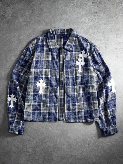 PAVTROS Camicia casual da uomo a maniche lunghe con colletto alla coreana, motivo a quadri e a croce, monopetto, per uso quotidiano