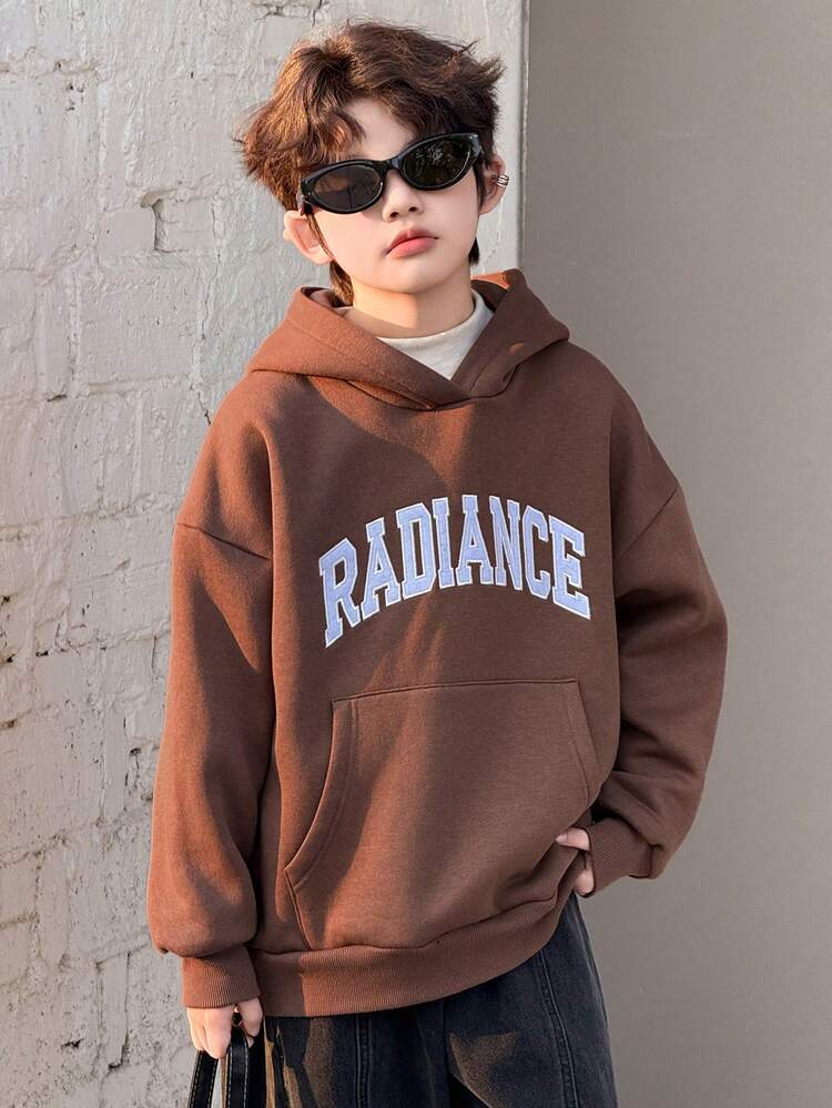Tween Boy Casual Letter Embroidery Kangaroo Pocket Sweatshirt, Autumn Spring