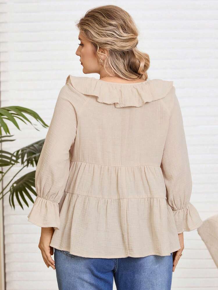 Plus Size Ruffle Collar Tie Front Long Sleeve Casual Blouse, Suitable For Spring And Autumn, Going Outs, 2025 New , Simple And Fashionable For Everyday Wear, Plus Size Winter , Comfortable And Breathable, Christmas For Women, New Year , Suitable For Multiple Occasions, Christmas, Date Nights Women, Thanksgiving For Women, Suitable For Valentine's Day