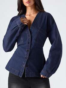 LYSMO Women's Fashionable Button Front Waist Cinched Denim Blouse, Autumn - Dark Wash - View 8