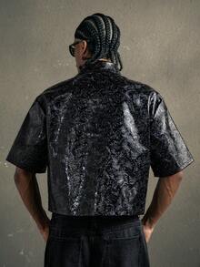 AXEPEAK 男士休闲提花前扣短袖衬衫，夏季款 - 黑色 - 查看 2