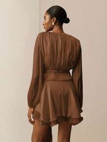 Vesra 杏色系带长袖荷叶边下摆设计女士短裙 - 咖啡 - 查看 2