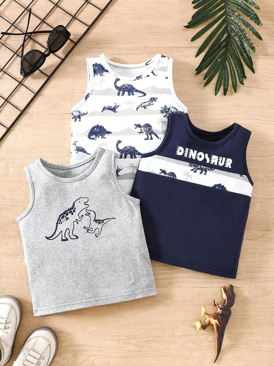 SHEIN Playful Pals 3pcs Baby Dinosaur Pattern Round Neck Casual Vest Set, Summer - Navy Blue - View 1